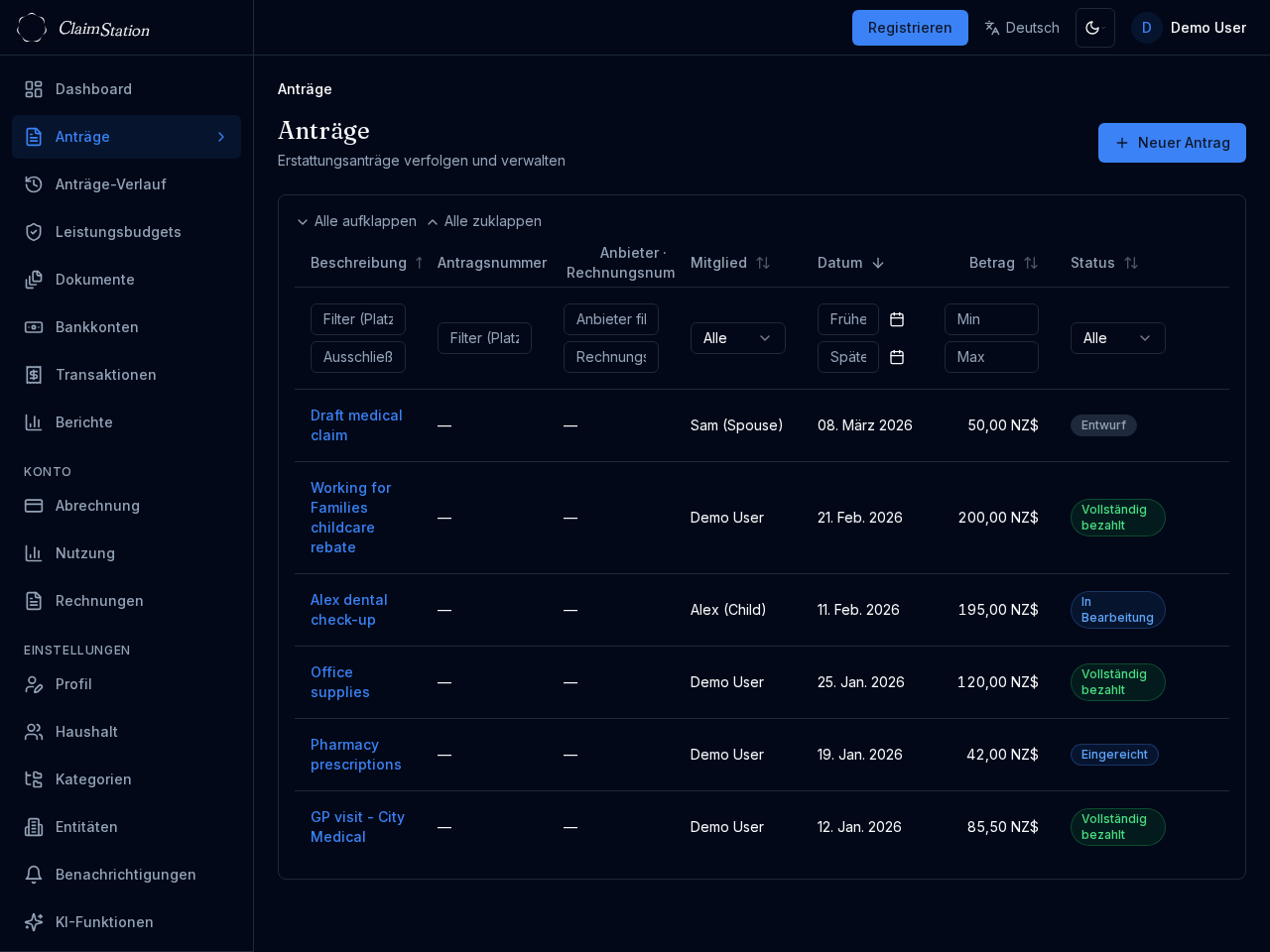 ClaimStation Ansprüche-Liste